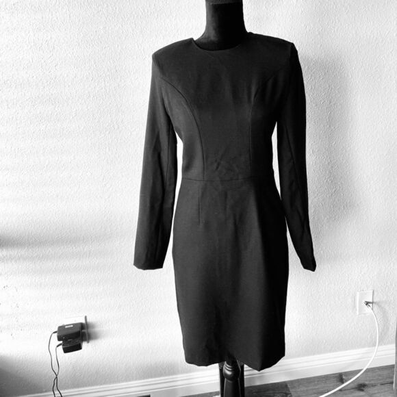 Black Hand-Sewn 100% Wool Padded Dress | Tailored Bodycon | Long Sleeve New - Picture 2 of 4